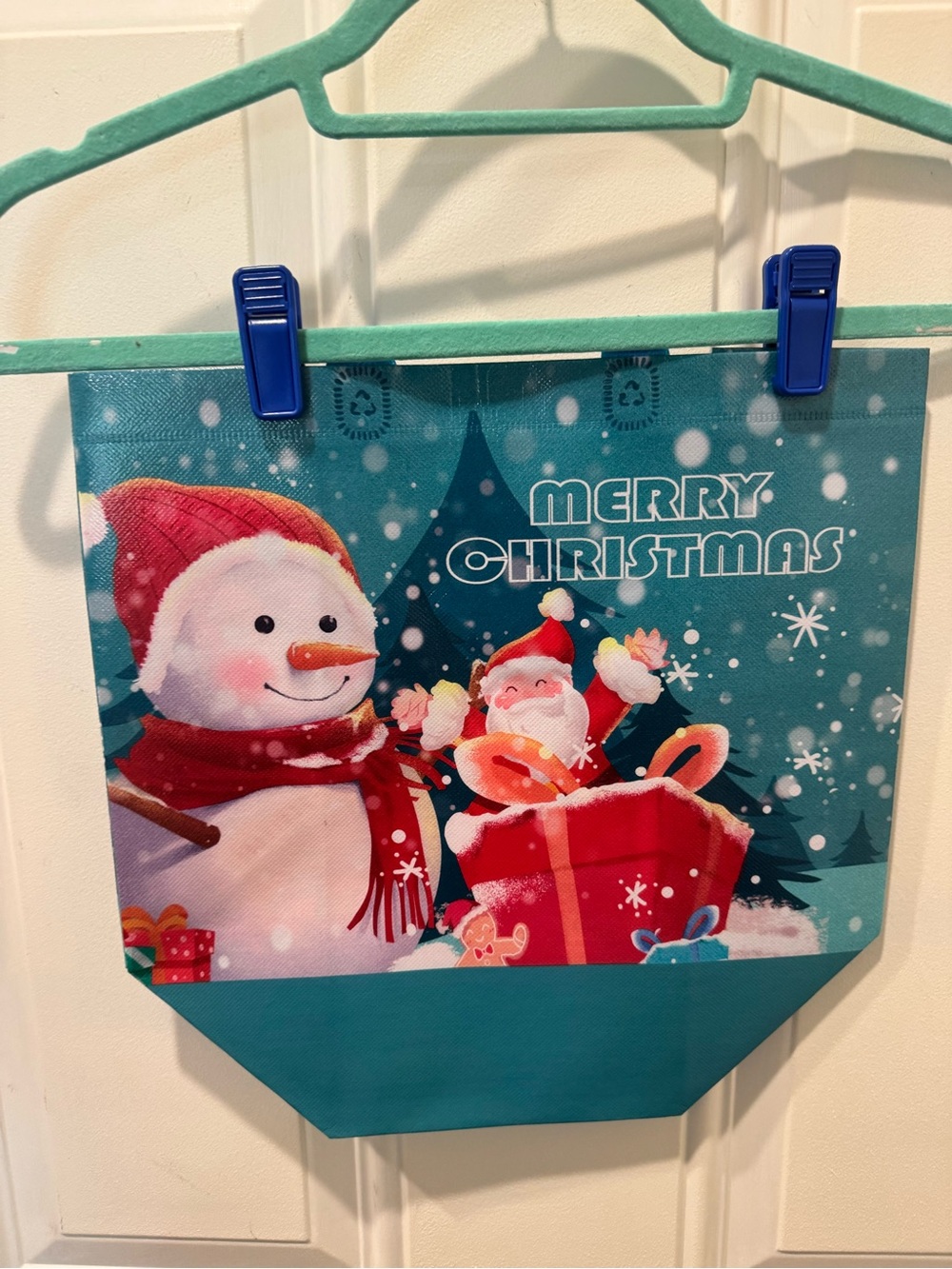 NWOT Festive Snowman Santa Merry Christmas Reusable Gift Tote Bag - Teal